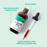 Liquid B12 supplement bottle with dropper on a light green background