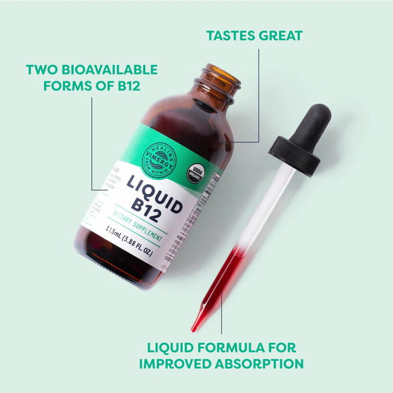 Liquid B12 supplement bottle with dropper on a light green background