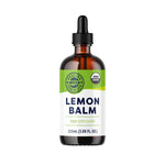 Organic Liquid Lemon Balm supplement bottle for stress relief and cognitive support.