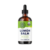 Organic Liquid Lemon Balm supplement bottle for stress relief and cognitive support.