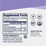 Supplement facts for Organic Liquid Zinc showing zinc content and other ingredients.