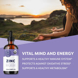 Supplement bottle labeled 'Zinc' with a scenic background of a woman sitting by a lake at sunset.