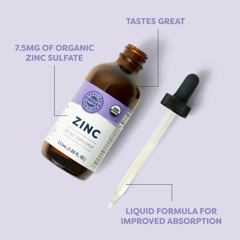 Zinc supplement bottle with dropper on a light purple background