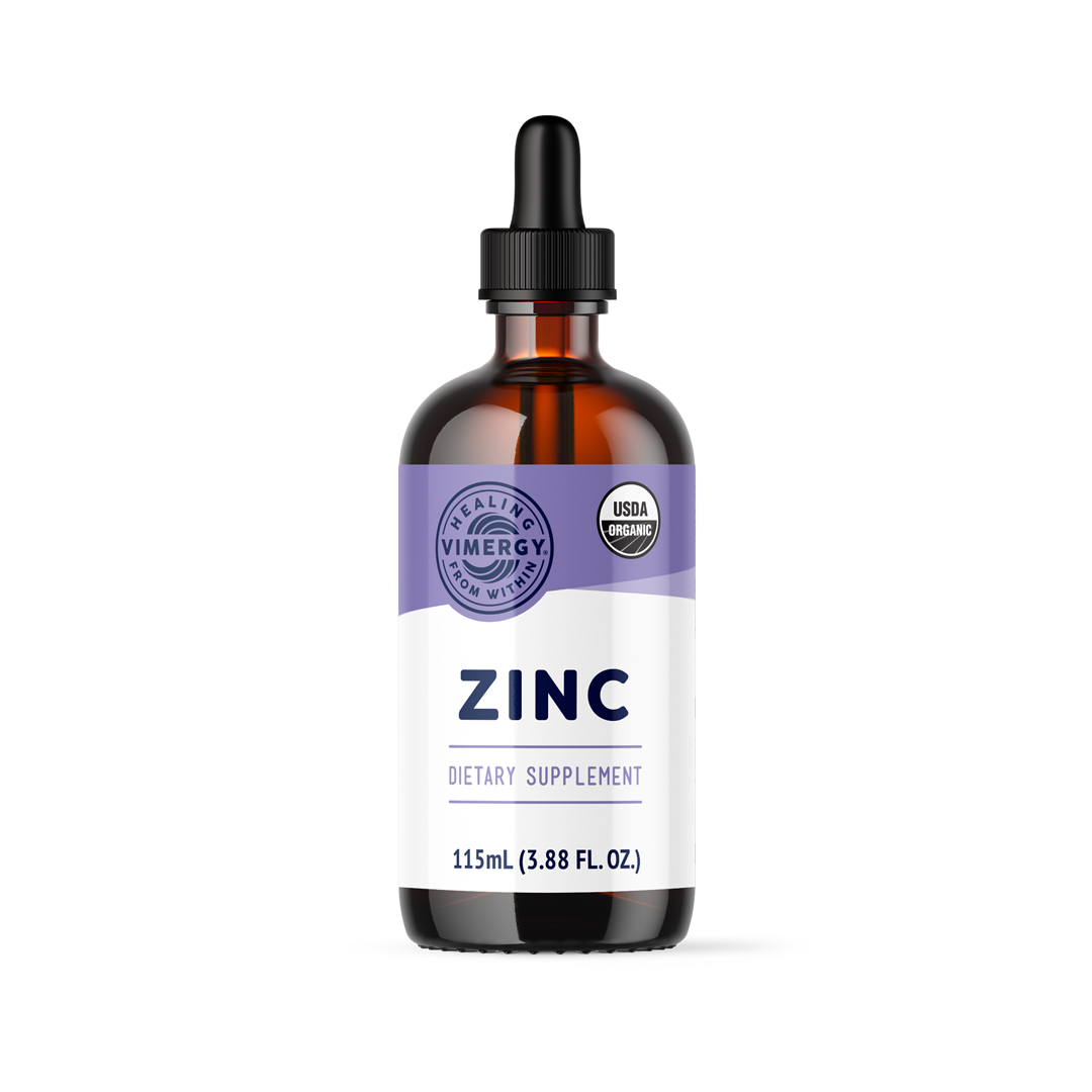Organic Liquid Zinc supplement by Vimergy in a dropper bottle for immune support and wellness.