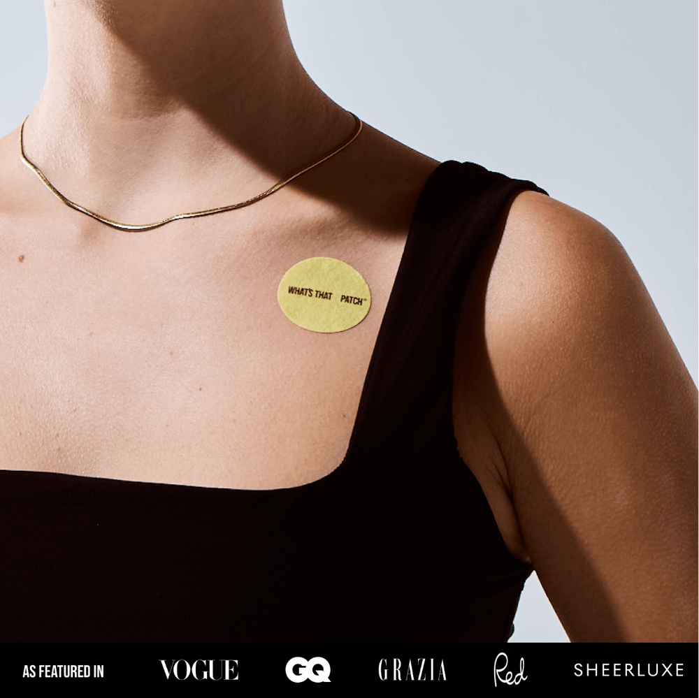 Image of a person wearing a WHAT'S THAT PATCH - NAD+ Longevity patch on their shoulder.