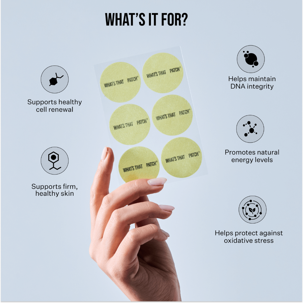 WHAT'S THAT PATCH - NAD+ Longevity Patches showing benefits like cell renewal, energy levels, and DNA integrity.